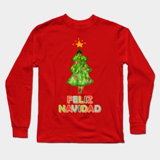 Painted Holiday Tree and Sugar Cookies Feliz Navidad Long Sleeve T-Shirt